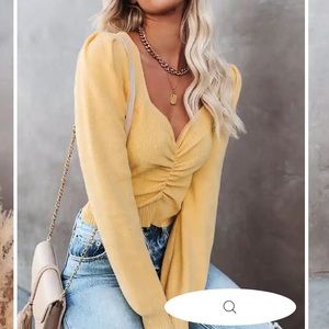 Aimee Ruched Crop Knit Sweater Top - Light Yellow